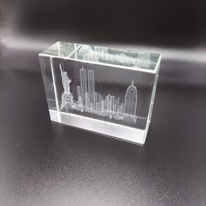 New York Twin Towers Skyline Laser Etched Glass Block.